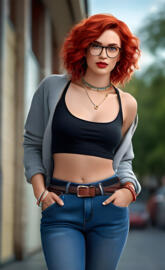 a woman with red hair in jeans