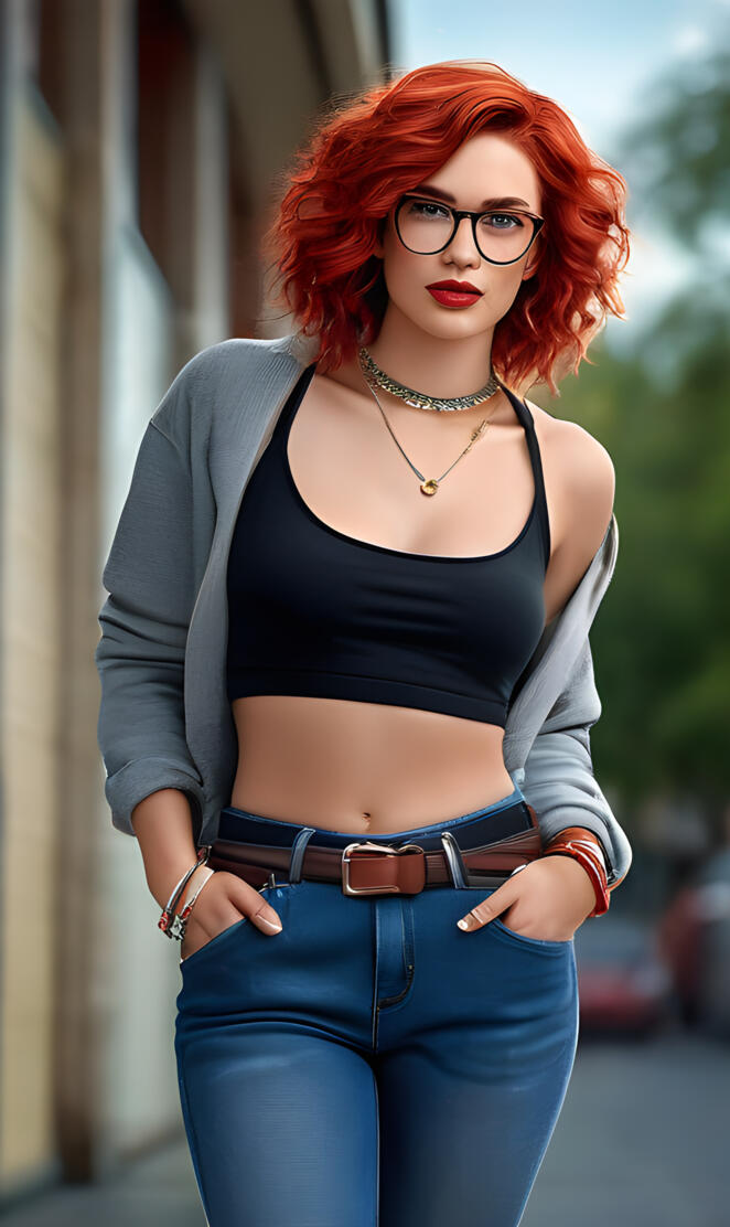 a woman with red hair in jeans
