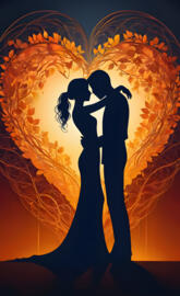 Visualize a (((passionate embrace))) between two lovers whose silhouet