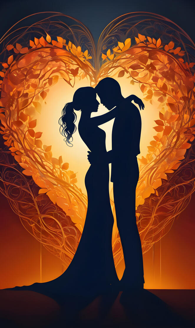 Visualize a (((passionate embrace))) between two lovers whose silhouet