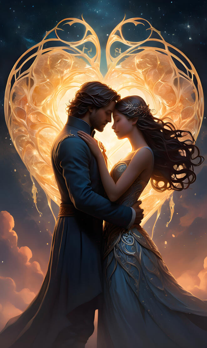 Visualize a (((passionate embrace))) between two lovers whose silhouet