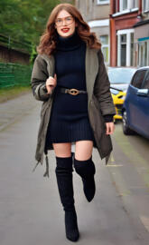 a woman in a green coat and glasses walking down a sidewalk