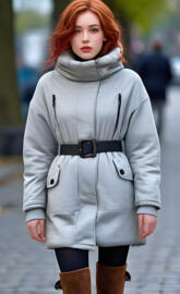 a woman wearing a grey coat