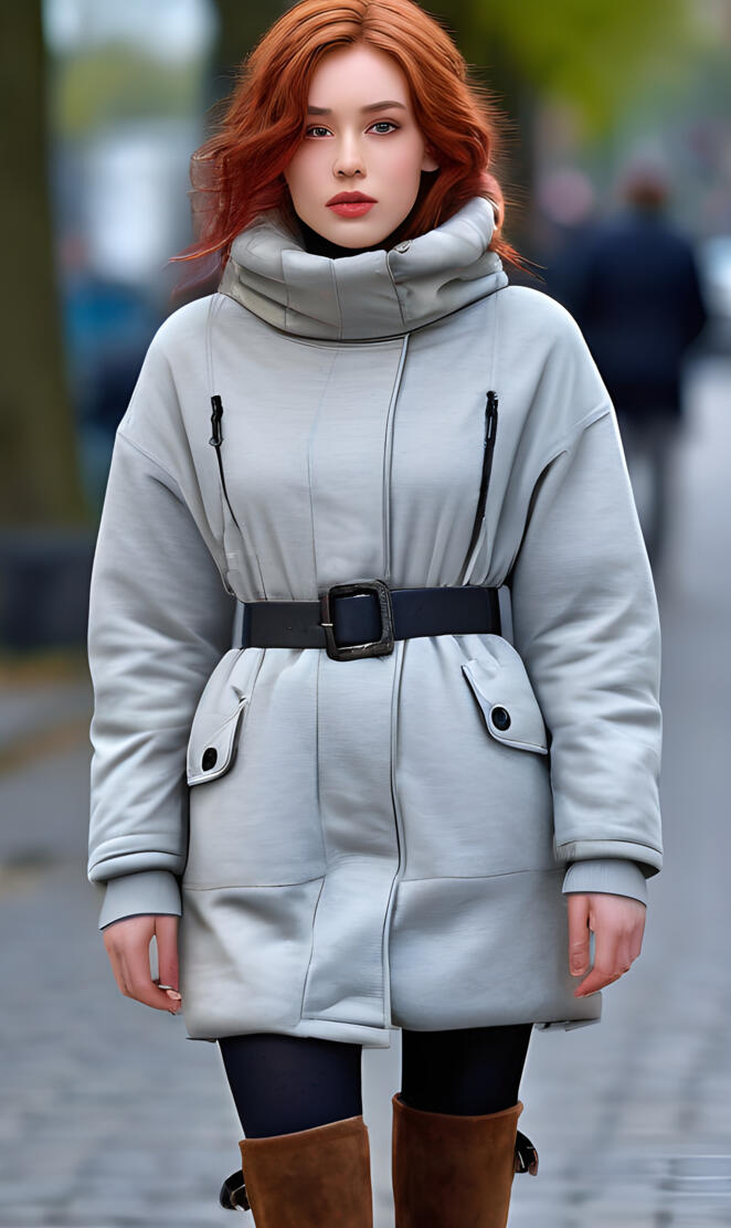 a woman wearing a grey coat