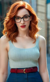 a woman with red hair wearing glasses