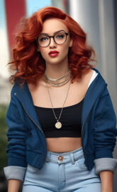 a woman with red hair and glasses