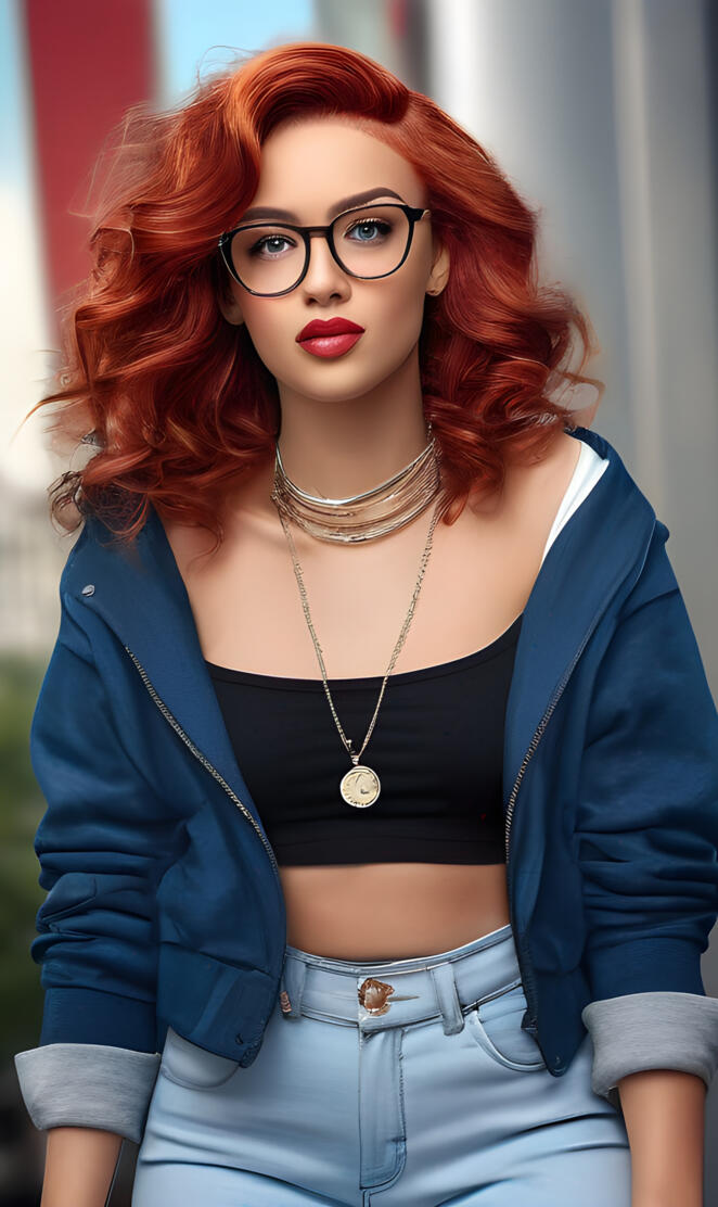 a woman with red hair and glasses