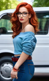 a redhead woman wearing glasses, blue sweater and jeans