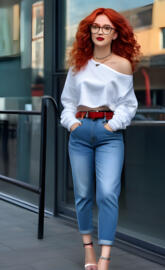 a woman with red hair in jeans