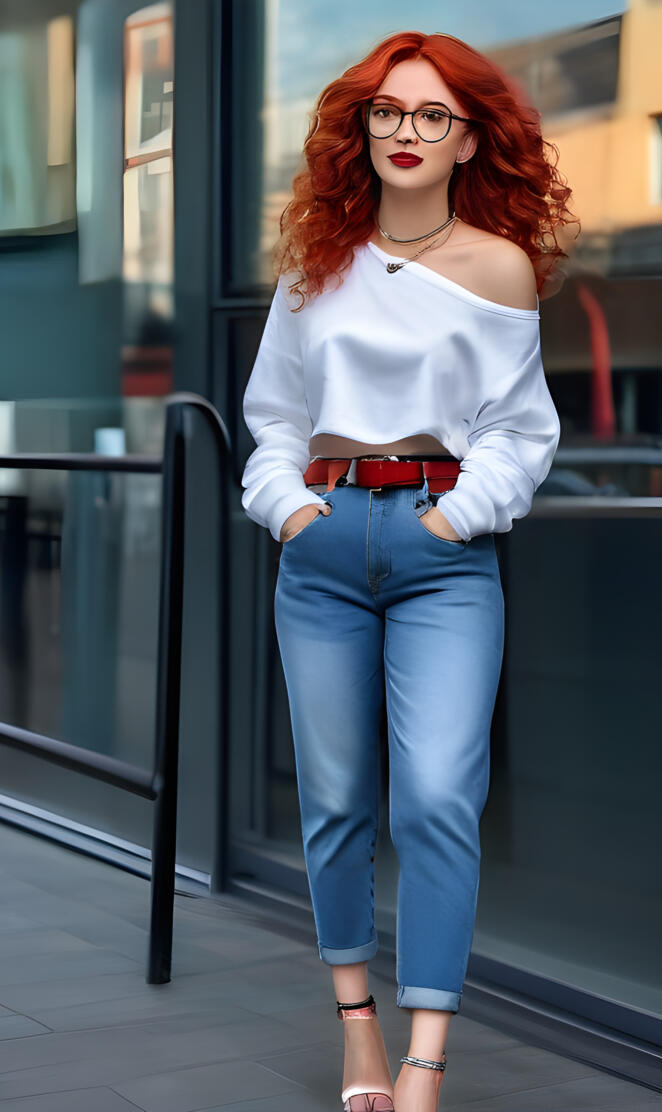 a woman with red hair in jeans