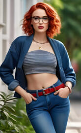 a woman with red hair in jeans