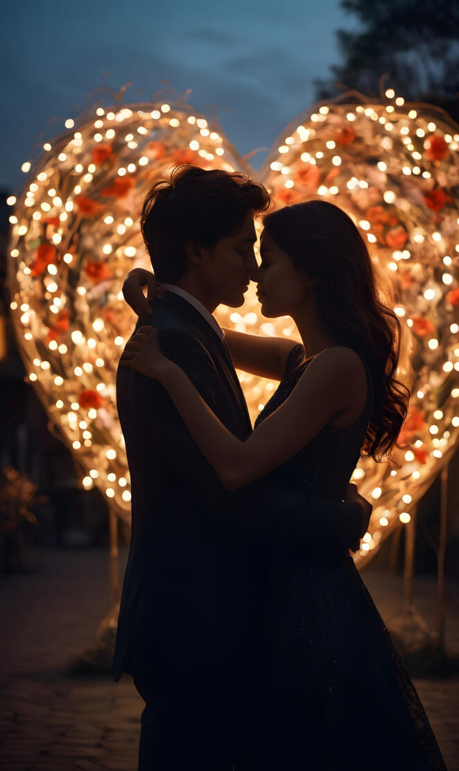 Visualize a (((passionate embrace))) between two lovers whose silhouet