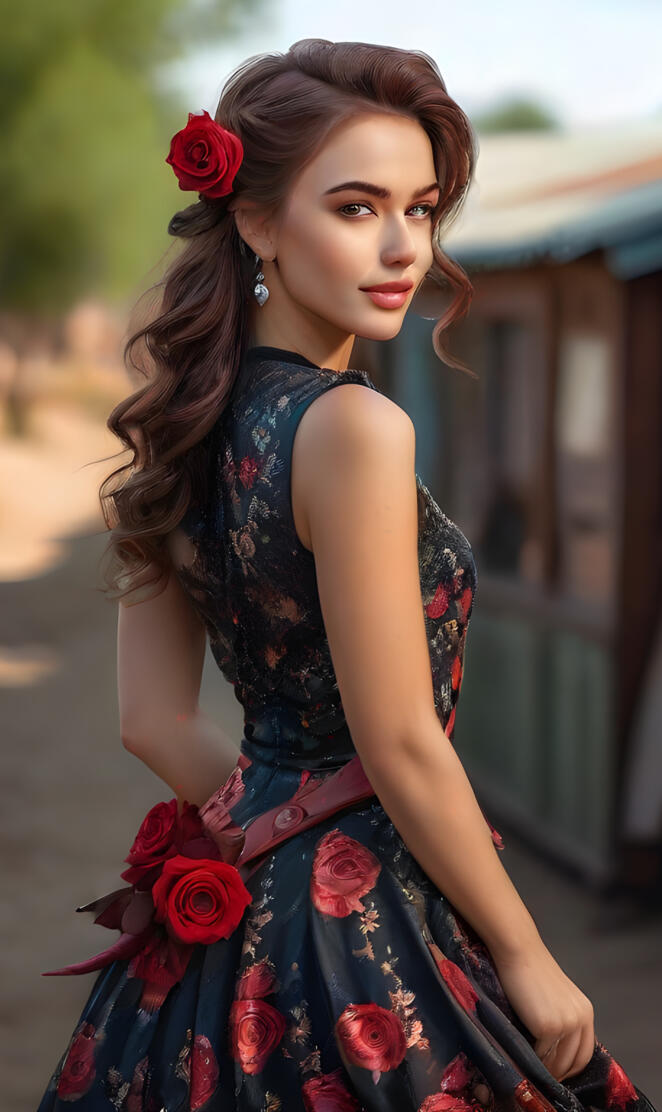 a woman in a dress and with a red rose in her hair