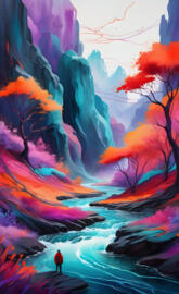 a person walking on a road with a large explosion behind them