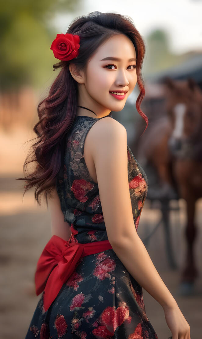 an asian woman in a black dress and with a red rose in her hair