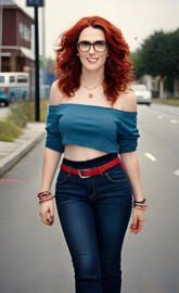 a woman in a blue shirt and jeans standing on a street