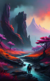 a person walking on a path with a large rock formation in the