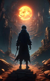 a man standing in a rocky area with a bright sun