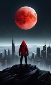 person standing on a ledge with a red moon in the background