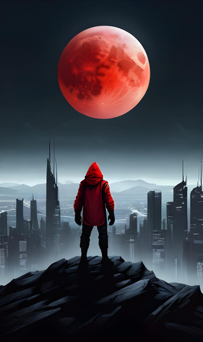 person standing on a ledge with a red moon in the background