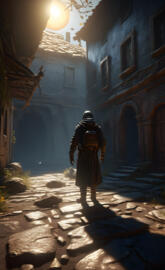 a man walking in a stone courtyard