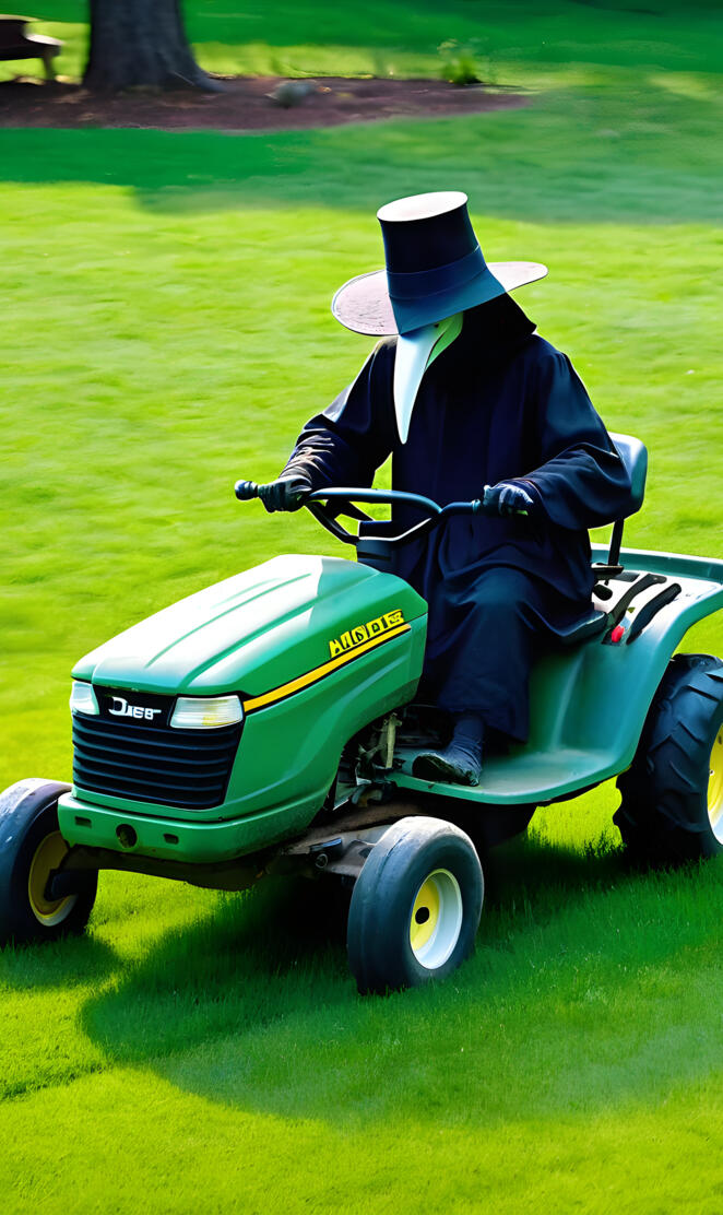 A plague doctor using a lawn mower