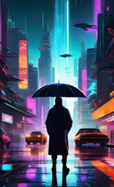 A futuristic city at night, with skyscrapers wrapped in neon lights.