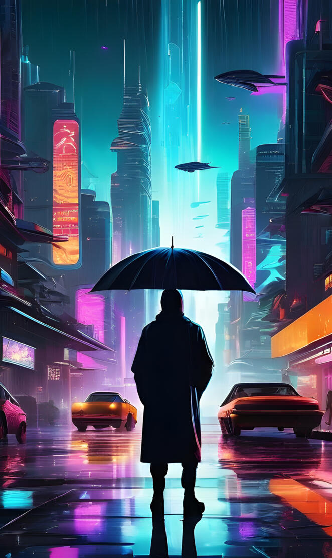 A futuristic city at night, with skyscrapers wrapped in neon lights.
