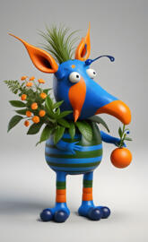 a toy figurine of a cartoon character holding a plant