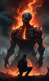 a man walking towards a monster