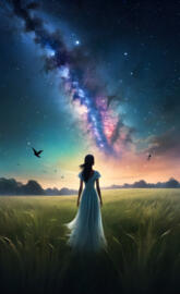 a man in a white dress in a field with a starry sky above