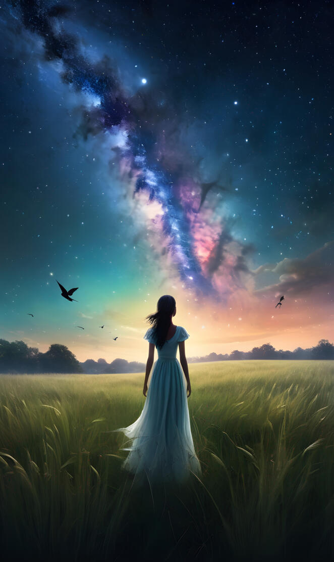 a man in a white dress in a field with a starry sky above