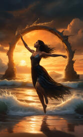 a person in a dress dancing on a beach