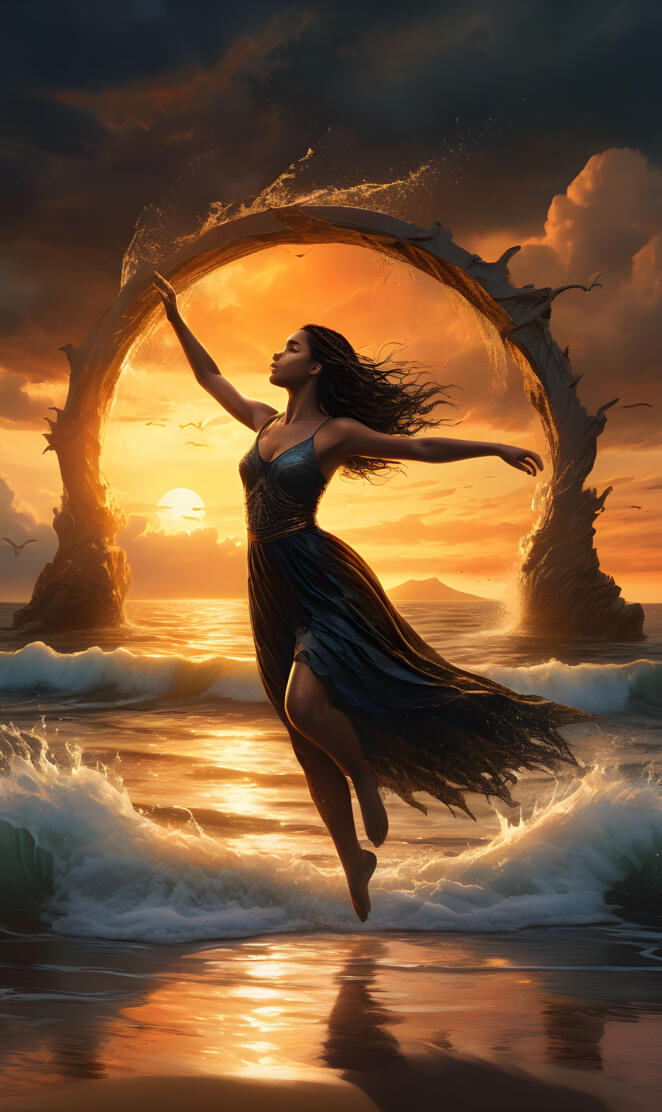 a person in a dress dancing on a beach