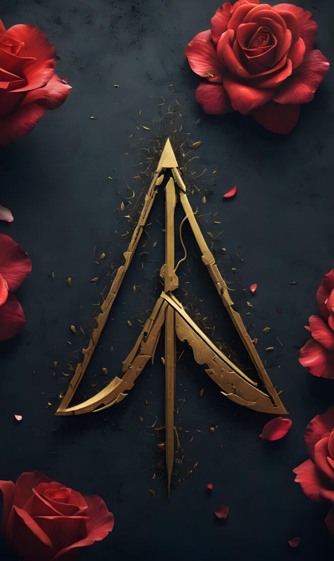 a gold arrowhead with red roses