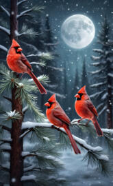 3 Cardinals in a snowy forest