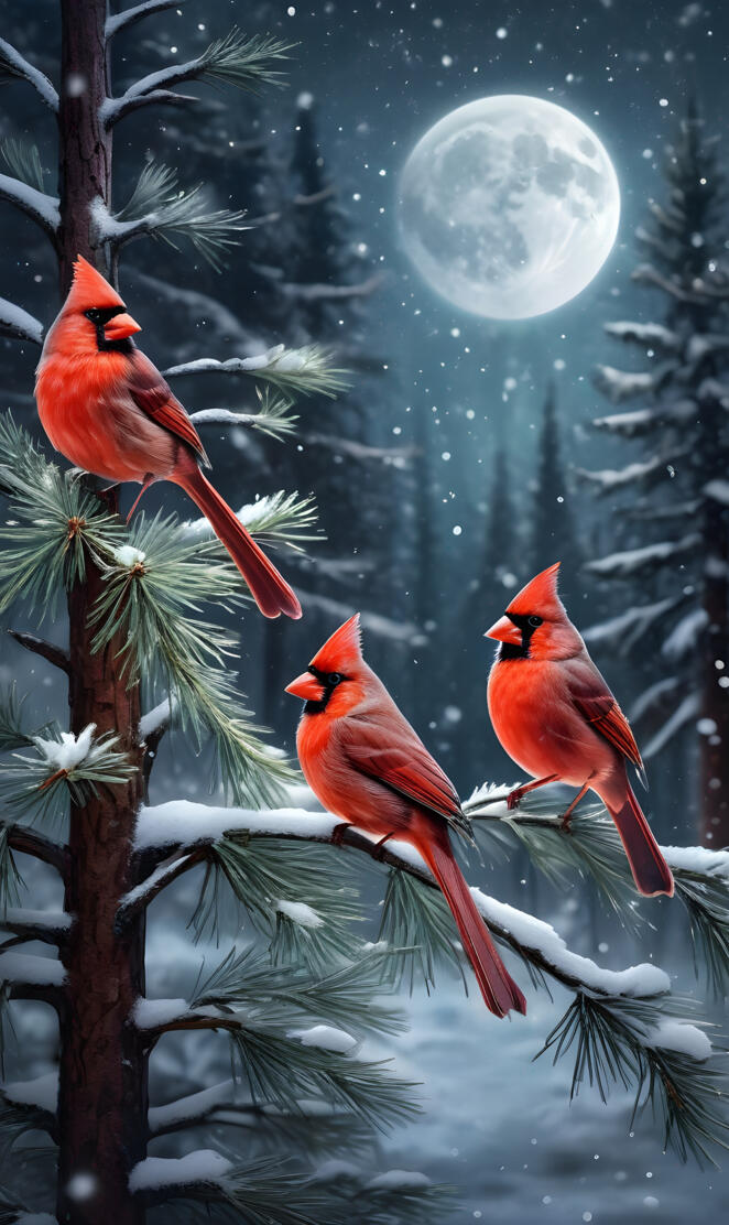 3 Cardinals in a snowy forest