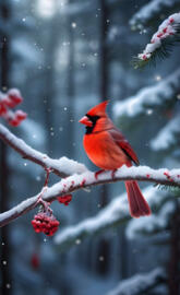 a red bird on a branch with pink flowers