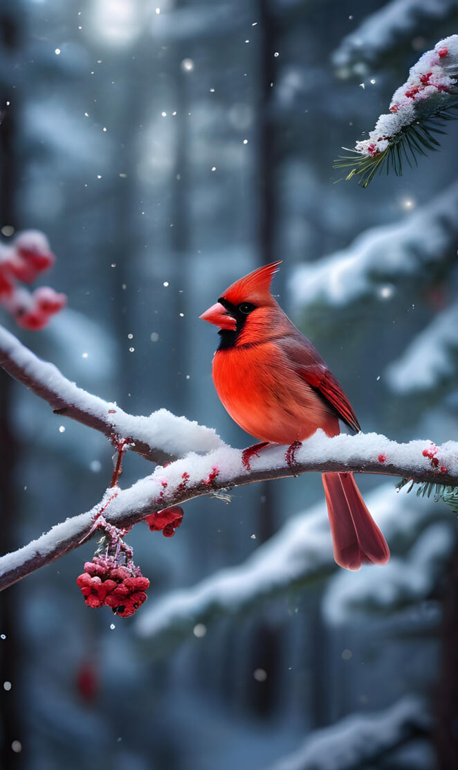 a red bird on a branch with pink flowers