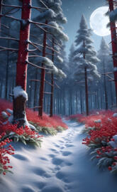 a snowy forest with red and white trees