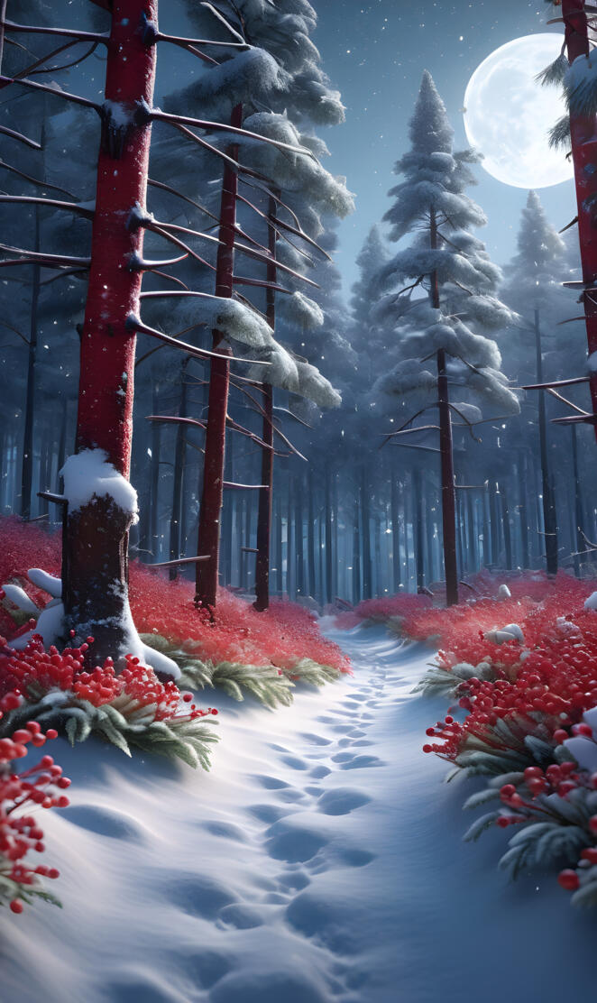 a snowy forest with red and white trees