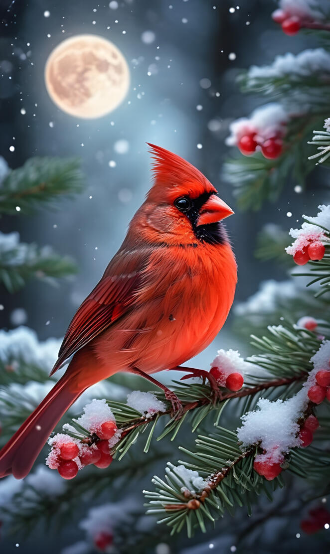 cardinal and a full moon