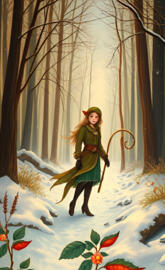 A graceful elf walking through a snowy forest landscape