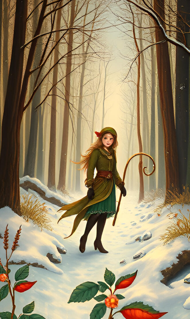 A graceful elf walking through a snowy forest landscape