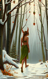 A graceful elf walking through a snowy forest landscape
