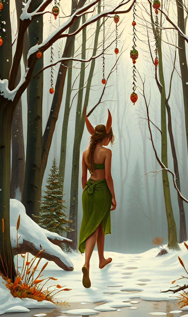 A graceful elf walking through a snowy forest landscape