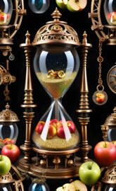 a gold and silver bell with apples