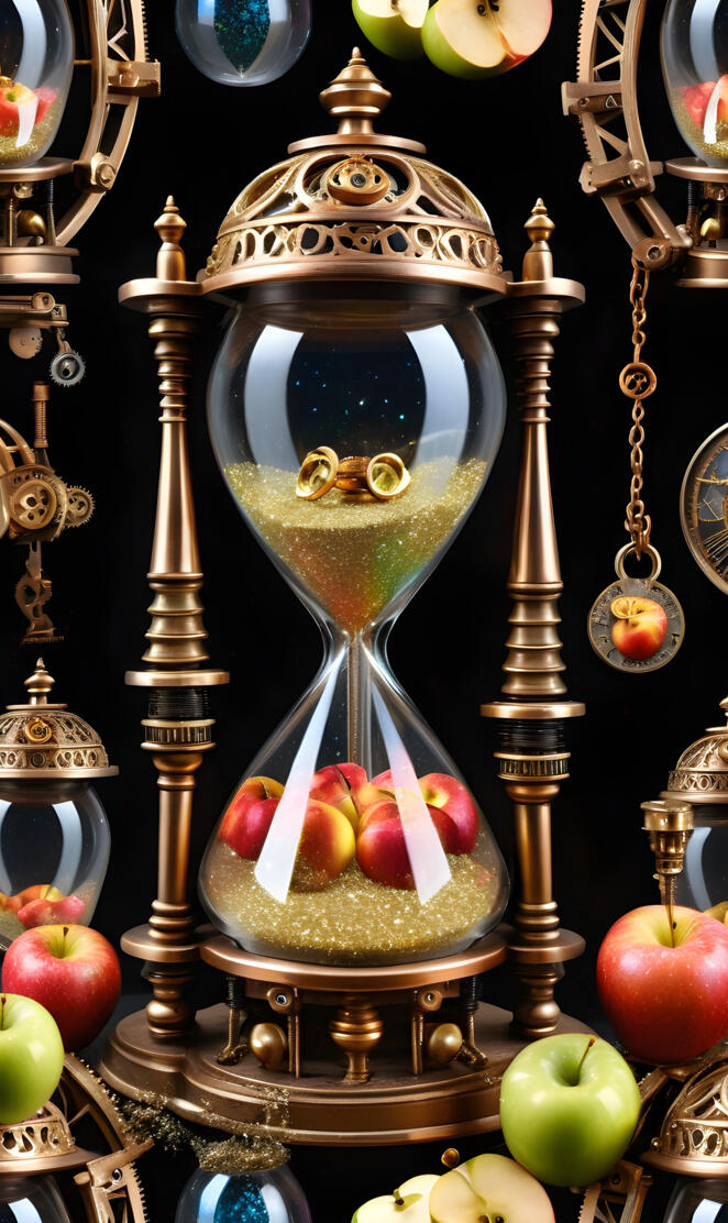 a gold and silver bell with apples