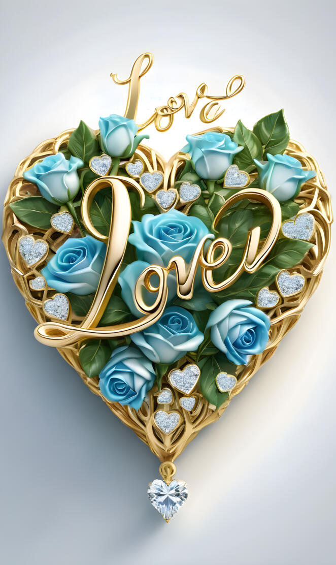 gold anx diamond heart with blue and white roses