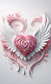 beautiful pink heart, feathered wings, words Love above heart